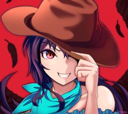 Rule 34 | 1girl, arm up, artist name, bandana, bare shoulders, blue shirt, brown hat, collarbone, commentary request, cowboy hat, feathers, grin, hand on headwear, hat, hat over one eye, kurokoma saki, long hair, looking at viewer, off-shoulder shirt, off shoulder, purple hair, red background, red eyes, shirt, simple background, smile, solo, teeth, torinosukei, touhou, upper body, very long hair, wings