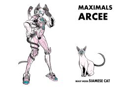 Rule 34 | 1girl, animal ears, arcee, beast wars, blue eyes, bright pupils, cat, cat ears, character name, full body, gun, hand on own hip, highres, holding, holding gun, holding weapon, maximal, mecha, no humans, oohara tetsuya, redesign, robot, science fiction, siamese cat, simple background, solo focus, standing, tail, tail around own leg, transformers, weapon, white background, white pupils
