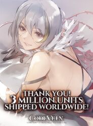 Rule 34 | 1girl, artist request, back, breasts, code vein, dress, eva roux, feather boa, gloves, grey hair, highres, large breasts, lying, medium hair, multicolored hair, official art, on stomach, red dress, scar, scar on arm, scar on back, scar on face, smile, streaked hair