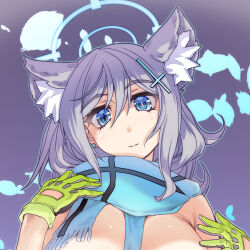 Rule 34 | 1girl, animal ear fluff, animal ears, blue archive, blue eyes, blue halo, blue scarf, breasts, bright pupils, cross hair ornament, gloves, green gloves, hair ornament, halo, highres, hisahiko, large breasts, looking at viewer, mismatched pupils, scarf, shiroko (blue archive), short hair, solo, upper body, white pupils