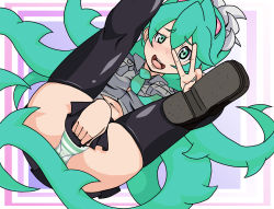 Rule 34 | 1girl, alternate color, aqua eyes, aqua hair, black thighhighs, blush, breasts, cosplay, covering privates, eito, extra mouth, filia (skullgirls), futakuchi-onna, glowing, glowing eyes, green eyes, green hair, hatsune miku, hatsune miku (cosplay), hip focus, impossible clothes, impossible shirt, lab zero games, long hair, lying, matching hair/eyes, midriff, miniskirt, navel, necktie, on back, open mouth, panties, pantyshot, prehensile hair, red eyes, samson (skullgirls), shirt, simple background, skirt, skullgirls, smile, solo, striped clothes, striped panties, teeth, thighhighs, thighs, underwear, uneven eyes, upskirt, v, very long hair, vocaloid, wide hips