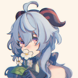 Rule 34 | 1girl, ahoge, bad id, bad pixiv id, bare shoulders, bell, blue hair, blush, collar, commentary request, flower, ganyu (genshin impact), genshin impact, gloves, goat horns, hair between eyes, holding, holding flower, horns, kino (m6t2a), long hair, looking at viewer, neck bell, purple eyes, simple background, smelling, smelling flower, solo, upper body, white background, white flower