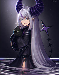 Rule 34 | 1girl, absurdres, advarcher, bird, black coat, blush, braid, coat, collar, commentary request, crow, crow (la+ darknesss), demon girl, demon horns, hair between eyes, highres, hololive, holox, horns, la+ darknesss, long hair, long sleeves, looking at viewer, metal collar, multicolored hair, pointy ears, purple hair, silver hair, sleeves past fingers, sleeves past wrists, streaked hair, striped horns, two-tone hair, virtual youtuber, yellow eyes