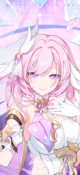 Rule 34 | 1girl, bare shoulders, breasts, character name, crystal, elysia (herrscher of human:ego) (honkai impact), elysia (honkai impact), english text, gloves, hair between eyes, hand on own chest, highres, honkai (series), honkai impact 3rd, large breasts, looking at viewer, official art, official wallpaper, pink eyes, pink hair, solo, upper body, white gloves, white headwear
