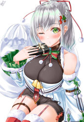 Rule 34 | 1girl, absurdres, ayakase hotaru, black shorts, blush, breasts, detached sleeves, dress, fur-trimmed thighhighs, fur trim, gift, green eyes, grey hair, high ponytail, highres, holding, holding gift, hololive, large breasts, long hair, looking at viewer, nail polish, red nails, red thighhighs, shirogane noel, short shorts, shorts, sleeveless, sleeveless dress, solo, thighhighs, virtual youtuber, white background, white dress