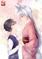 Rule 34 | 1boy, 1girl, age difference, animal ears, black hair, brown eyes, cocoa (cafe-hotcocoa), fox ears, fox tail, holding hands, japanese clothes, kimono, kitsune, long hair, original, red eyes, silver hair, tail