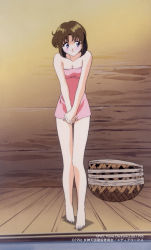 Rule 34 | 1990s (style), 1996, 1girl, barefoot, basket, blue eyes, blush, breasts, brown hair, closed mouth, collarbone, copyright name, copyright notice, covering crotch, covering privates, embarrassed, full body, highres, lilith (megami paradise), long hair, looking away, medium breasts, megami paradise, naked towel, nec, official art, onsen, retro artstyle, short hair, solo, standing, towel, wooden floor, yamauchi noriyasu