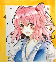 Rule 34 | 1girl, :d, blue vest, breasts, cleavage, hair between eyes, hair bobbles, hair ornament, large breasts, looking at viewer, onozuka komachi, open mouth, photo (medium), pink hair, puffy short sleeves, puffy sleeves, red eyes, short hair, short sleeves, smile, solo, star (symbol), tanaji, touhou, traditional media, twintails, upper body, vest