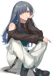 Rule 34 | 1girl, absurdres, bare shoulders, black footwear, black hair, black shirt, clothing cutout, crossed ankles, elbow on knee, hair ornament, hairclip, head rest, highres, jewelry, long hair, long sleeves, looking at viewer, necklace, orange eyes, pants, project sekai, senkane, shadow, shiraishi an, shirt, shoes, shoulder cutout, simple background, sitting, sneakers, solo, star (symbol), star hair ornament, white background, white pants