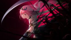 Rule 34 | 1girl, absurdres, armlet, backless dress, backless outfit, black dress, breasts, dress, highres, holding, holding scythe, holding weapon, hololive, hololive english, hz (helu 2), large breasts, long hair, mori calliope, pink hair, red eyes, scythe, sideboob, smile, tiara, veil, virtual youtuber, weapon
