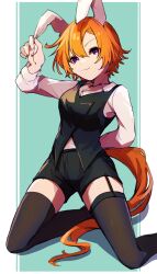 Rule 34 | 1girl, alternate costume, amano (amano miko), arm behind back, asymmetrical bangs, black shorts, black thighhighs, black vest, breasts, closed mouth, collared shirt, ear covers, hand up, highres, horse girl, horse tail, kneeling, long sleeves, looking at viewer, orange hair, purple eyes, shadow, shirt, short hair, shorts, small breasts, smile, solo, t.m. opera o (umamusume), tail, thighhighs, umamusume, vest, white shirt