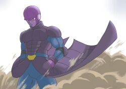 Rule 34 | 1boy, alien, belt, biceps, closed mouth, colored skin, dragon ball, dragon ball super, feet out of frame, hands in pockets, highres, hit (dragon ball), manly, muscular, no eyebrows, pectorals, purple skin, red eyes, simple background, solo, standing, wind
