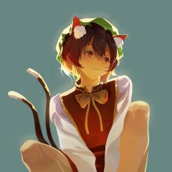 Rule 34 | 1girl, animal ears, bow, bowtie, brown eyes, brown hair, cat ears, cat girl, cat tail, chen, green hat, hat, highres, knees up, long sleeves, looking to the side, mob cap, multiple tails, nekomata, parted lips, short hair, simple background, solo, tail, touhou, two tails, user srce2338, yellow bow, yellow bowtie