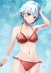 Rule 34 | 1girl, arm strap, arm up, armpits, bikini, bow, breasts, cleavage, collarbone, cowboy shot, gluteal fold, hair between eyes, halterneck, highres, kashiiyou, medium breasts, open mouth, original, red bikini, red bow, red eyes, short hair, side-tie bikini bottom, solo, standing, straight hair, swimsuit, thigh gap, white hair