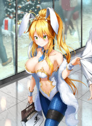 Rule 34 | &gt;:), 1girl, absurdres, animal ears, artoria pendragon (all), artoria pendragon (fate), artoria pendragon (swimsuit ruler) (fate), bag, bare shoulders, blonde hair, blue neckwear, blue pantyhose, blush, brand name imitation, breasts, center opening, christmas tree, cleavage, clothes grab, collarbone, detached collar, fake animal ears, fate/grand order, fate (series), green eyes, high ponytail, highres, holding, holding bag, huge filesize, large breasts, leotard, long hair, necktie, pantyhose, playboy bunny, rabbit ears, shawl, shopping bag, sleeve grab, solo focus, strapless, strapless leotard, thigh strap, thighhighs, tiara, tile floor, tiles, v-shaped eyebrows, w wonjin, walking, white leotard, window, wrist cuffs