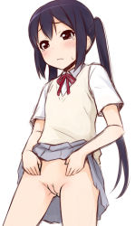 Rule 34 | 1girl, black hair, blush, bow, brown eyes, cleft of venus, clothes lift, female focus, flat chest, ha-ru, k-on!, long hair, nakano azusa, no panties, pussy, school uniform, skirt, skirt lift, solo, tears, twintails, uncensored