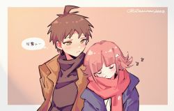 Rule 34 | 1boy, 1girl, alternate costume, alternate hair ornament, blunt bangs, blush, border, brown background, brown eyes, brown jacket, brown sweater, closed eyes, closed mouth, commentary, danganronpa (series), danganronpa 2: goodbye despair, hair ornament, highres, hinata hajime, jacket, liang cun rakuna, looking at another, nanami chiaki, open clothes, open jacket, red scarf, scarf, short hair, sleeping, sweater, symbol-only commentary, thought bubble, translated, triangle hair ornament, twitter username, upper body, white border