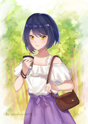 Rule 34 | 1girl, alternate costume, bag, bare shoulders, blue hair, casual, commentary, commentary request, contemporary, cup, disposable cup, drinking straw, forest, genshin impact, hand up, handbag, holding, holding cup, kujou sara, maron star, nature, off-shoulder shirt, off shoulder, outdoors, partial commentary, purple skirt, shirt, short hair, short sleeves, skirt, solo, tree, upper body, white shirt, yellow eyes