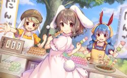 Rule 34 | 3girls, animal ears, apron, back bow, black hair, blonde hair, blue hair, blue shirt, blue sky, bow, brown eyes, brown headwear, cabbie hat, carrot necklace, closed mouth, cloud, collar, collarbone, collared dress, dango, dress, floppy ears, food, food stand, frilled collar, frilled shirt, frilled sleeves, frills, from behind, game cg, grass, hat, head scarf, holding, holding food, inaba tewi, jewelry, leaf, looking at viewer, low twintails, medium hair, multiple girls, necklace, official art, open mouth, outdoors, outstretched arm, pink dress, puffy short sleeves, puffy sleeves, rabbit ears, rabbit girl, rabbit tail, red eyes, ribbon-trimmed dress, ribbon-trimmed sleeves, ribbon trim, ringo (touhou), sanshoku dango, sauce, seiran (touhou), shirt, short hair, short sleeves, sign, sky, smile, square neckline, tail, takase kou, teeth, third-party source, touhou, touhou cannonball, tree, tsukimi dango, twintails, upper body, upper teeth only, wagashi, wavy hair, white apron, yellow apron, yellow bow, yellow headwear, yellow shirt