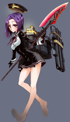 Rule 34 | 10s, 1girl, bad id, bad pixiv id, black gloves, blush, dress, gloves, grey background, halo, holding, holding weapon, kantai collection, looking at viewer, mechanical halo, nayutarou (nyt kag), purple eyes, purple hair, simple background, smile, solo, tatsuta (kancolle), weapon