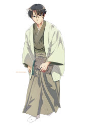 Rule 34 | 1boy, artist name, black hair, full body, glasses, green kimono, highres, ichimi renge, japanese clothes, kimono, long sleeves, looking at viewer, male focus, original, seigaiha, simple background, solo, standing, twitter username, walking, white background, wide sleeves