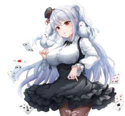 Rule 34 | 1girl, :o, absurdres, ace (playing card), ace of hearts, animal, animal on shoulder, bird, bird on hand, bird on shoulder, black bow, black dress, black pantyhose, blush, bow, bowtie, breasts, card, collared shirt, commentary, cowboy shot, dress, frilled dress, frilled sleeves, frills, hat, heart, highres, large breasts, long hair, long sleeves, looking at viewer, mini hat, mini top hat, one side up, original, pantyhose, pigeon, playing card, red eyes, ribbon, ripong, shirt, shirt under dress, sidelocks, simple background, solo focus, standing, tilted headwear, top hat, torn clothes, torn legwear, white background, white hair, white shirt, wrist ribbon