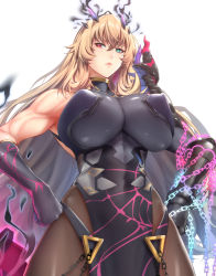 Rule 34 | 1girl, abs, armor, bare shoulders, biceps, black dress, black gloves, blonde hair, breasts, brown pantyhose, chain, covered navel, dress, elbow gloves, barghest (fate), barghest (second ascension) (fate), fate/grand order, fate (series), gauntlets, gloves, green eyes, heterochromia, horns, large breasts, long hair, looking at viewer, muscular, muscular female, pantyhose, pauldrons, pelvic curtain, red eyes, shoulder armor, sideboob, single gauntlet, single pauldron, solo, toned, zucchini