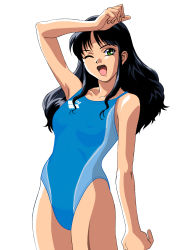 Rule 34 | 1girl, arena (company), black hair, competition swimsuit, green eyes, highres, long hair, non-web source, one-piece swimsuit, one eye closed, open mouth, solo, swimsuit, third-party edit, wink, yamada masaki, zenkoku seifuku bishoujo grand prix