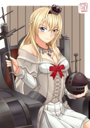 Rule 34 | 10s, 1girl, bad id, bad pixiv id, blonde hair, blue eyes, braid, crown, dress, french braid, globus cruciger, kantai collection, logo, long hair, long sleeves, mini crown, off-shoulder dress, off shoulder, red ribbon, ribbon, scepter, sitting, smile, solo, thealagator, throne, warspite (kancolle), white dress