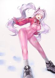 Rule 34 | 1girl, :d, absurdres, alice (nikke), animal ear headphones, animal ears, blush, bodysuit, breasts, closed eyes, clothes writing, covered navel, cropped jacket, fake animal ears, footprints, fujisaki subaru, full body, gloves, goddess of victory: nikke, grey hair, headphones, headset, highres, impossible bodysuit, impossible clothes, jacket, latex, latex bodysuit, leaning forward, long hair, medium breasts, open mouth, pink bodysuit, pink gloves, puffy sleeves, red jacket, shoes, sidelocks, skin tight, smile, sneakers, snow, socks, solo, standing, twintails, two-tone gloves, white footwear, white gloves, white socks