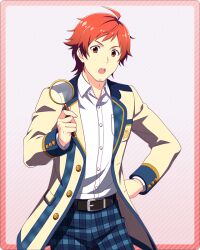 Rule 34 | 1boy, ahoge, belt, breast pocket, buttons, collared shirt, facial hair, fingernails, goatee, holding, holding magnifying glass, idolmaster, idolmaster side-m, idolmaster side-m growing stars, long sleeves, magnifying glass, male focus, official art, pocket, red eyes, red hair, shirt, simple background, solo, tendo teru, upper body, white shirt