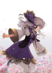 Rule 34 | 1girl, :d, black footwear, dated, dress, fire emblem, fire emblem: three houses, flower, from side, grey background, kero sweet, leg up, long hair, long sleeves, lysithea von ordelia, nintendo, open mouth, pantyhose, parted lips, petals, pink eyes, pink flower, profile, purple dress, running, sidelocks, signature, silhouette, smile, solo, tassel, veil, white pantyhose, wide sleeves