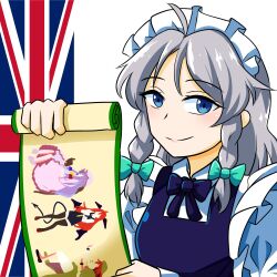 Rule 34 | 1girl, apron, black bow, blue eyes, bow, braid, commentary, english commentary, green bow, grey hair, hair bow, highres, holding, holding scroll, hong meiling, izayoi sakuya, koakuma, looking at viewer, maid, maid apron, maid headdress, patchouli knowledge, scarlet devil mansion, scroll, smile, solo, touhou, twin braids, union jack, xen0moonz