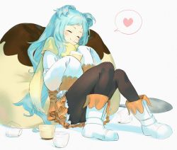 Rule 34 | 1girl, ^ ^, black pantyhose, blue hair, blush, boots, brown skirt, closed eyes, closed mouth, commentary request, cup, disposable cup, eating, food, forehead, fringe trim, grey background, heart, holding, holding spoon, knees up, layered skirt, long hair, long sleeves, miyako (princess connect!), pantyhose, pleated skirt, princess connect!, pudding, scarf, shirt, simple background, sitting, skirt, sleeves past fingers, sleeves past wrists, smile, solo, spoken heart, spoon, two side up, very long hair, wasabi60, white footwear, white shirt, yellow scarf