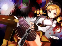 Rule 34 | 10s, 1girl, beret, blonde hair, boots, breasts, brown thighhighs, charlotte (madoka magica), corset, cup, detached sleeves, drill hair, fingerless gloves, gloves, gun, hair ornament, hairpin, hat, large breasts, magical girl, magical musket, mahou shoujo madoka magica, mahou shoujo madoka magica (anime), peconi, pekoni (peconi), pleated skirt, puffy sleeves, ribbon, rifle, skirt, smile, striped clothes, striped thighhighs, teacup, thighhighs, tomoe mami, twin drills, twintails, vertical-striped clothes, vertical-striped thighhighs, weapon, yellow eyes