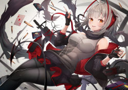 Rule 34 | 1girl, absurdres, ahoge, arknights, assault rifle, black gloves, black jacket, black pantyhose, bomb, brown eyes, card, controller, cowboy shot, dutch angle, explosive, fingerless gloves, fingernails, gloves, grey background, grey hair, gun, highres, huge filesize, jacket, keypad, king (playing card), king of hearts (playing card), long hair, looking at viewer, miniskirt, multicolored hair, nail polish, nekotokyo13, off shoulder, pantyhose, playing card, red nails, remote control, rifle, rifle cartridge, scarf, scratches, shirt, shotgun, skirt, sleeveless, sleeveless shirt, smile, solo, streaked hair, w (arknights), weapon, weapon request