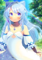 Rule 34 | 1girl, animal ear fluff, animal ears, bare shoulders, blue eyes, blue hair, blurry, blurry background, blush, breasts, bridal gauntlets, closed mouth, collarbone, commission, copyright request, day, depth of field, detached sleeves, dress, hair intakes, kou hiyoyo, lens flare, long hair, outdoors, puffy short sleeves, puffy sleeves, short sleeves, skeb commission, small breasts, smile, solo, strapless, strapless dress, very long hair, white dress, white sleeves