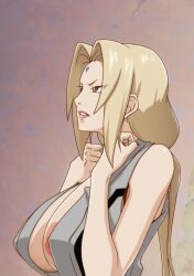 Rule 34 | 1girl, areola slip, blonde hair, breast suppress, breasts, breasts squeezed together, brown eyes, clenched teeth, facial mark, female focus, forehead mark, from side, hands up, highres, kyabakurabakufu, large breasts, long hair, nail polish, naruto, naruto (series), simple background, sleeveless, solo, teeth, tsunade (naruto), twintails, upper body