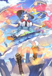 Rule 34 | &gt;:), 1girl, black headwear, blouse, blue hair, blue skirt, blue sky, blush, boots, bow, bowtie, brown footwear, center frills, cloud, commentary request, cross-laced footwear, day, flaming sword, flaming weapon, food, forehead, frills, fruit, full body, hinanawi tenshi, holding, holding food, holding fruit, holding sword, holding weapon, keystone, knee boots, lace-up boots, long hair, looking at viewer, outdoors, peach, petticoat, puffy short sleeves, puffy sleeves, red bow, red bowtie, red eyes, rope, shide, shimenawa, shirt, short sleeves, skirt, sky, smile, solo, standing, sword, sword of hisou, syuri22, touhou, v-shaped eyebrows, weapon, white shirt