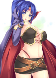 Rule 34 | 1girl, belt, blue eyes, blue hair, blush, breast suppress, breasts, cape, cleavage, cross, cross earrings, detached sleeves, earrings, facial mark, forehead mark, iroha (unyun), jewelry, large breasts, long hair, looking at viewer, magical halloween, matching hair/eyes, midriff, miniskirt, navel, open mouth, ponytail, pussy juice, rosemary bergamot, skirt, solo