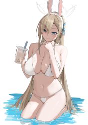 1girl absurdres animal_ears asuna_(blue_archive) asuna_(bunny)_(blue_archive) bikini blue_archive blue_eyes blue_ribbon blush breasts bubble_tea closed_mouth cropped_legs drink eyes_visible_through_hair fake_animal_ears hair_between_eyes hair_over_one_eye hairband hand_on_own_chin highres holding holding_drink large_breasts light_brown_hair long_hair mr.zhuo navel rabbit_ears ribbon seiza simple_background sitting smile solo stomach string_bikini sweatdrop swimsuit very_long_hair water white_background white_bikini white_hairband