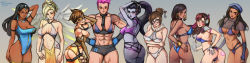 Rule 34 | 6+girls, abs, adapted costume, aged down, alternate costume, ana (overwatch), ass, beret, bikini, black-framed eyewear, black hair, blonde hair, blush, bracelet, breasts, brown eyes, brown hair, capelet, captain amari, cleavage, collage, covered erect nipples, d.va (overwatch), dark-skinned female, dark skin, dated, earrings, elbow gloves, eye of horus, facial mark, facial tattoo, fingerless gloves, forehead jewel, gloves, goggles, green eyes, hair ornament, hair stick, hair tubes, hairpin, half updo, halo, hand on own ass, hands on own hips, hat, headphones, highres, jewelry, large breasts, long hair, mechanical halo, mechanical wings, medium breasts, mei (overwatch), mercy (overwatch), mina cream, multiple girls, muscular, muscular female, necklace, one-piece swimsuit, overwatch, overwatch 1, pelvic curtain, pharah (overwatch), pink hair, purple hair, purple skirt, scar, scar across eye, scar on face, see-through, short hair, short shorts, shorts, skirt, smile, swimsuit, symmetra (overwatch), tattoo, thighhighs, time paradox, tracer (overwatch), union jack, very short hair, whisker markings, white gloves, widowmaker (overwatch), wings, zarya (overwatch)
