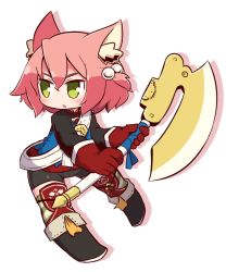 Rule 34 | 1girl, 7th dragon, 7th dragon (series), animal ear fluff, animal ears, axe, battle axe, belt, belt buckle, black footwear, black shorts, blue jacket, blush, boots, buckle, cat ears, chibi, commentary request, fighter (7th dragon), full body, gloves, green eyes, hair between eyes, hair bobbles, hair ornament, harukara (7th dragon), highres, holding, holding axe, jacket, knee boots, long sleeves, looking away, looking to the side, naga u, one side up, parted lips, pink hair, red gloves, shadow, short shorts, shorts, solo, striped clothes, striped thighhighs, thighhighs, thighhighs under boots, two-handed, v-shaped eyebrows, weapon, white background, white belt