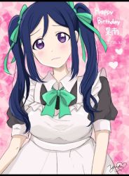 Rule 34 | 1girl, alternate hairstyle, apron, artist name, artist request, blue hair, blush, bow, breasts, collared shirt, female focus, green bow, green ribbon, hair between eyes, hair ribbon, long hair, looking at viewer, love live!, love live! sunshine!!, maid, maid apron, maid cap, maid headdress, matsuura kanan, parted lips, ponytail, puffy short sleeves, puffy sleeves, purple eyes, ribbon, shirt, short sleeves, small breasts, smile, solo, twintails, upper body, white apron, yuuki (yuuki06n)