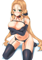 Rule 34 | 1girl, blonde hair, blush, breasts, covering nipples, covering privates, garter belt, green eyes, hair ornament, hair ribbon, hakase yurisuki, highres, inubouzaki fuu, large breasts, lingerie, long hair, looking at viewer, low twintails, navel, ribbon, scowl, solo, thighhighs, twintails, underwear, very long hair, yuuki yuuna wa yuusha de aru, yuusha de aru