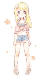 Rule 34 | 1girl, arms at sides, bare legs, blonde hair, blue eyes, blush, breasts, brown footwear, casual, cleavage, clenched hands, collarbone, collared shirt, denim, denim shorts, dot nose, floral background, flower, full body, fullmetal alchemist, happy, high ponytail, legs apart, long hair, long sleeves, looking at viewer, medium breasts, midriff, navel, pink flower, polka dot, polka dot background, ponytail, popped collar, shirt, shoes, short shorts, short socks, shorts, shyh yue, sidelocks, simple background, smile, socks, solo, standing, straight hair, strapless, striped clothes, striped shirt, tied shirt, tube top, vertical-striped clothes, vertical-striped shirt, white background, white socks, winry rockbell