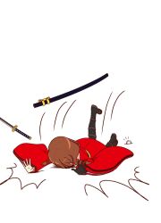 Rule 34 | 1girl, ^^^, black gloves, boots, braided twintails, brown hair, commentary request, falling, gloves, goririnmaru, highres, japanese clothes, katana, kimono, leg up, lying, motion lines, notice lines, on ground, on stomach, open hands, red kimono, rock, scabbard, scrunchie, sheath, shimazu masamune, single glove, solo, sword, tenka hyakken, thigh boots, variant set, weapon