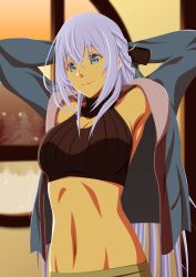 Rule 34 | 1girl, abs, absurdres, arms behind head, blue eyes, breasts, cleavage cutout, clothing cutout, double-parted bangs, eiyuu densetsu, hair between eyes, half updo, highres, indoors, jacket, kuro no kiseki, kuro no kiseki ii, long hair, medium breasts, navel, open clothes, open jacket, pine tree, shizuna rem misurugi, smile, snow, solo, sports bra, tennen ahoke, tree, white hair, window