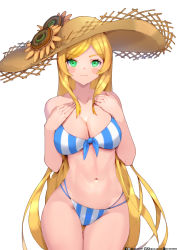 Rule 34 | 1girl, aduo, bikini, blonde hair, blue bikini, blush, breasts, cleavage, closed mouth, cowboy shot, expressionless, female focus, green eyes, guardian tales, hand on own chest, hat, highres, knight lady lapice, large breasts, legs together, long hair, looking at viewer, medium breasts, navel, simple background, solo, standing, straw hat, striped bikini, striped clothes, swimsuit, thighs, vertical-striped bikini, vertical-striped clothes, very long hair, white background
