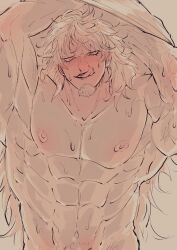 Rule 34 | 1boy, abs, ame ekai, armpits, bara, bare pectorals, blush, clothes lift, facial hair, goatee, highres, killer (one piece), large pectorals, licking lips, lifted by self, long hair, looking at viewer, male focus, monochrome, muscular, muscular male, naughty face, nipples, obliques, one piece, pectorals, seductive smile, shaved body, shirt lift, smile, solo, strongman waist, sweat, tongue, tongue out, undressing, upper body, veins, veiny arms, very sweaty